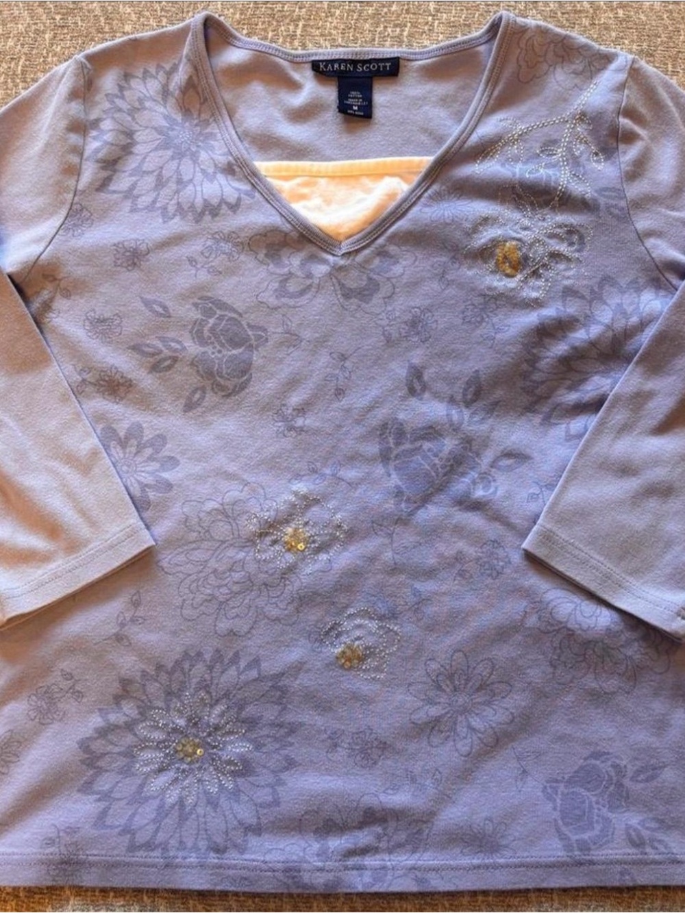 Karen Scott Periwinkle Floral V-Neck 3/4 Sleeve Top with Sparkle Sequin Details